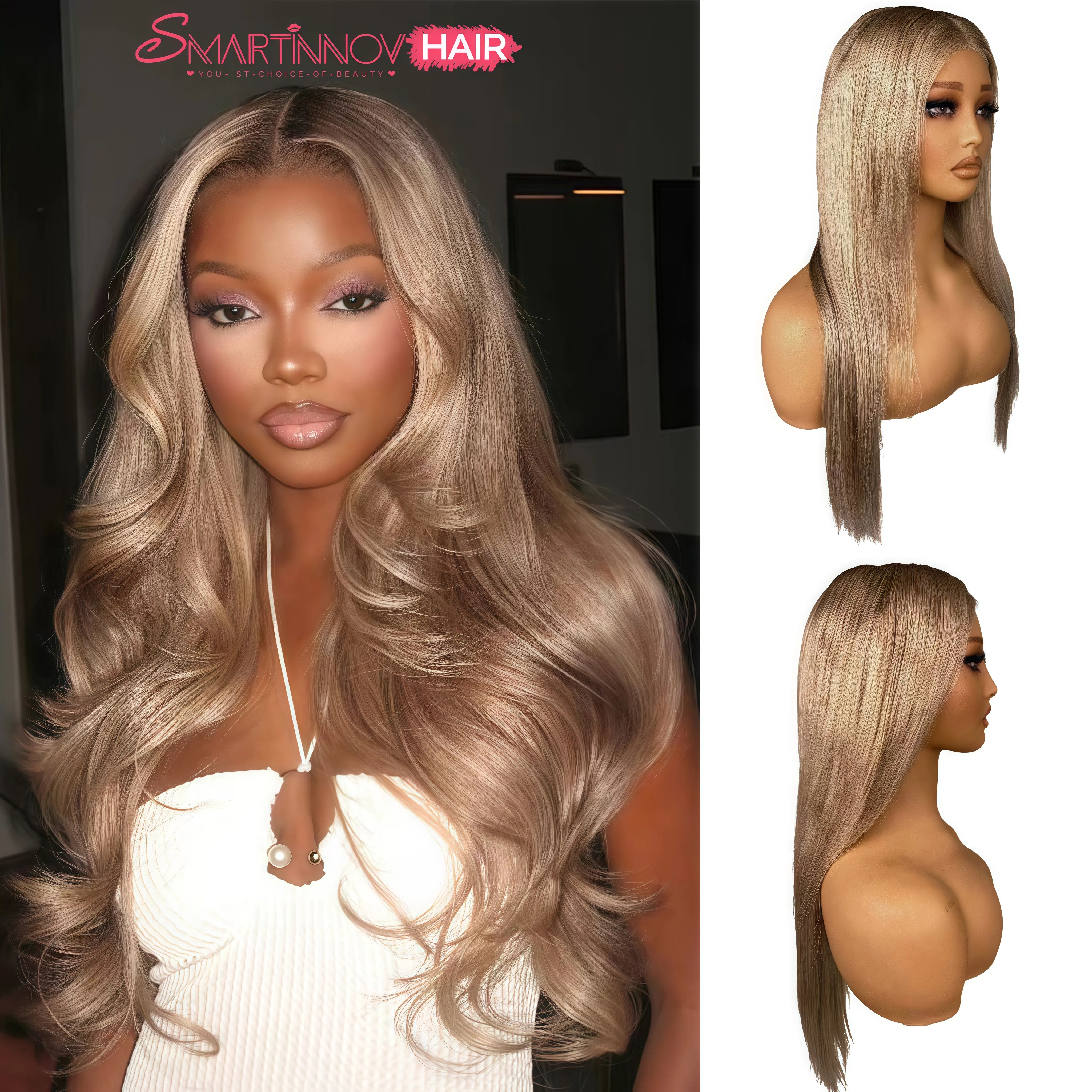 Ash Blonde Highlight Roots 32 Inch Curlable Balayage 
