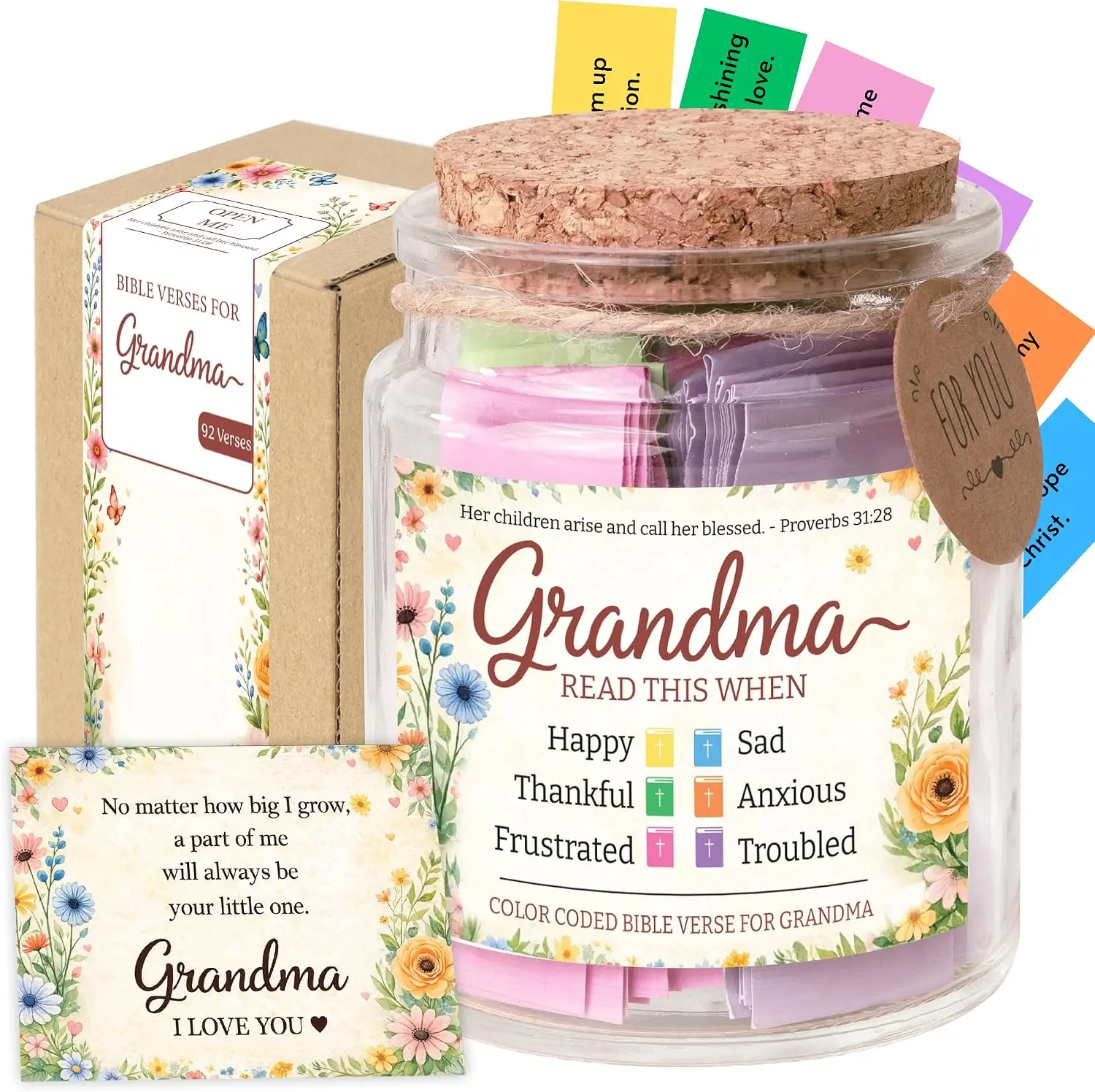 Bible Verse Jar for Grandma, 92 Color Coded Bible Verse in Glass Jar, Christian Gifts for Grandma, Mothers Day Gifts for Grandma, Religious Birthday Christmas Gift for Grandmother SOUTHLISA