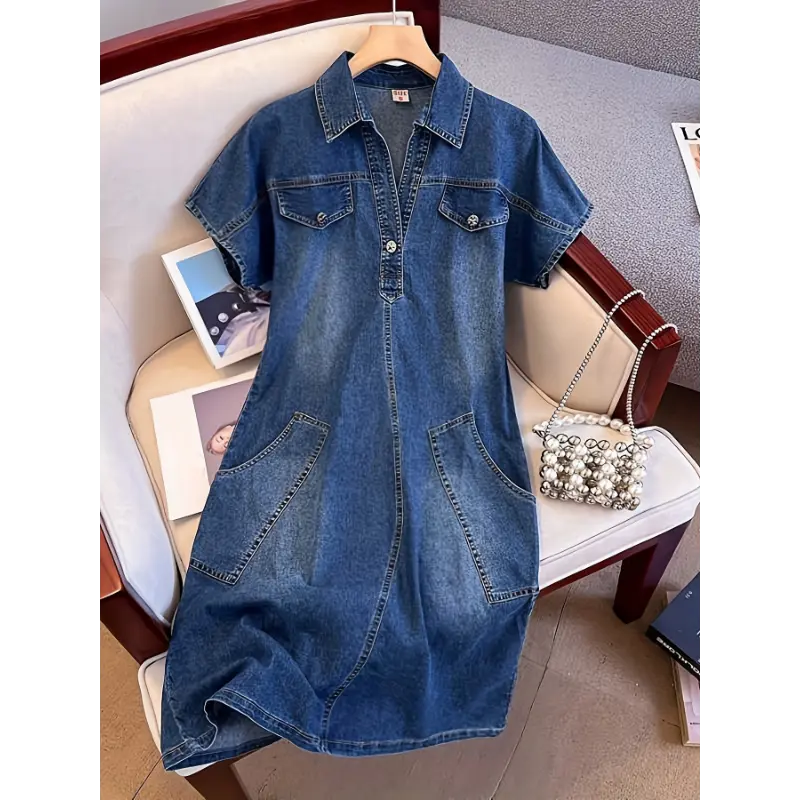 New women's clothing style1pc Unique Flare Neck Waist Cinched Slim Fit Stretch Denim Dress for Women, Short Sleeve, Polyester Blend, Summer Casual A-Line Midi with Button Detail, Machine Washable Collar Womenswear Comfort Fabric Shortsleeve Deep Blue
