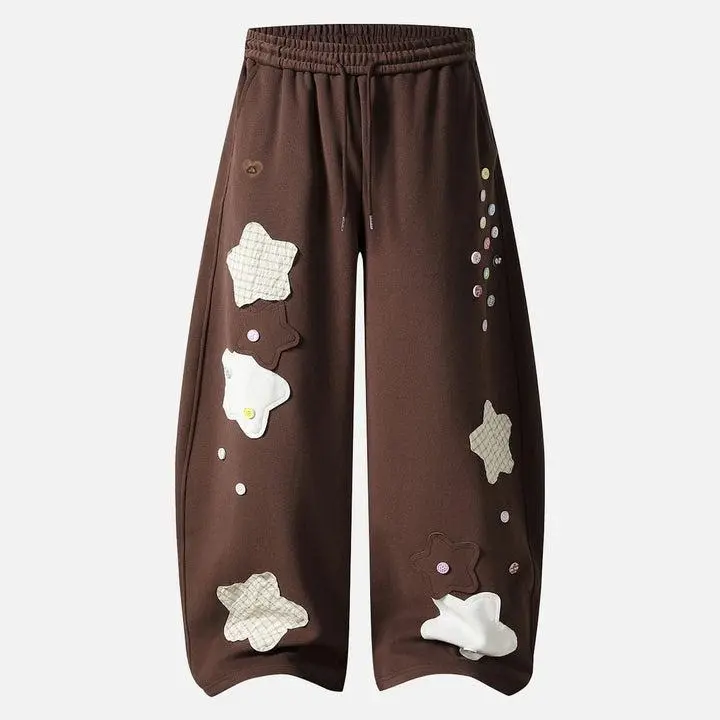 Aelfric Eden Star Cloud Patch Wide Leg Sweatpants Playful Star Cloud Patches Oversized Barrel Fit Adjustable Drawstring Waist Unisex Cute Casual Pants