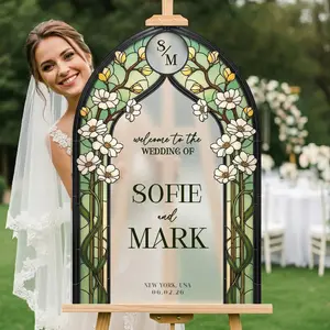 Sage Green Magnolia Arch Stained Glass Wedding Sign
