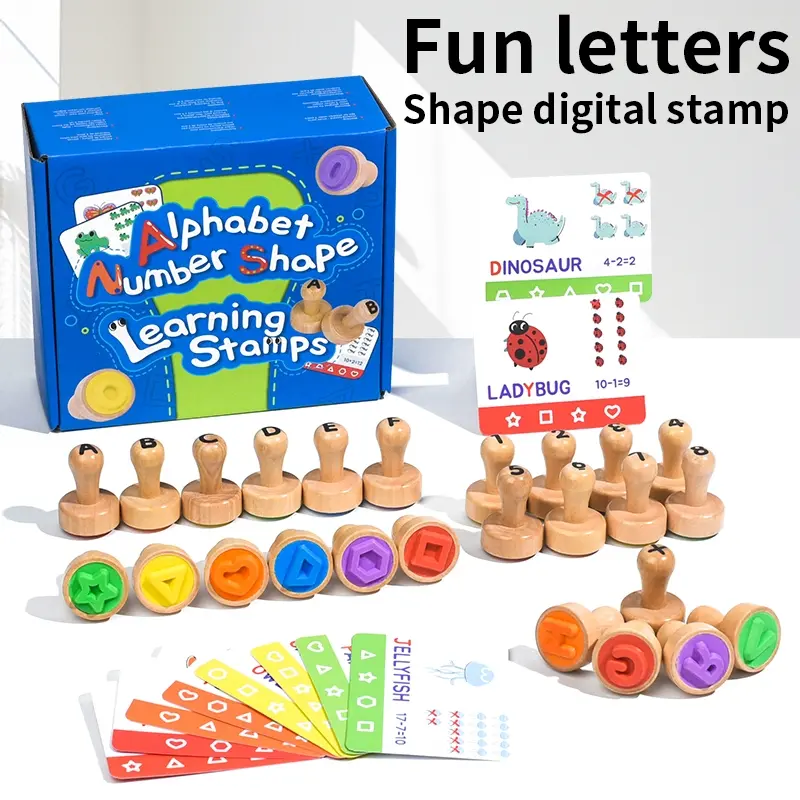 Early Learning Alphabet Stamps, Shape & Number Stamps DIY Craft Early Math Education Kindergarten Children's Wooden Stamps