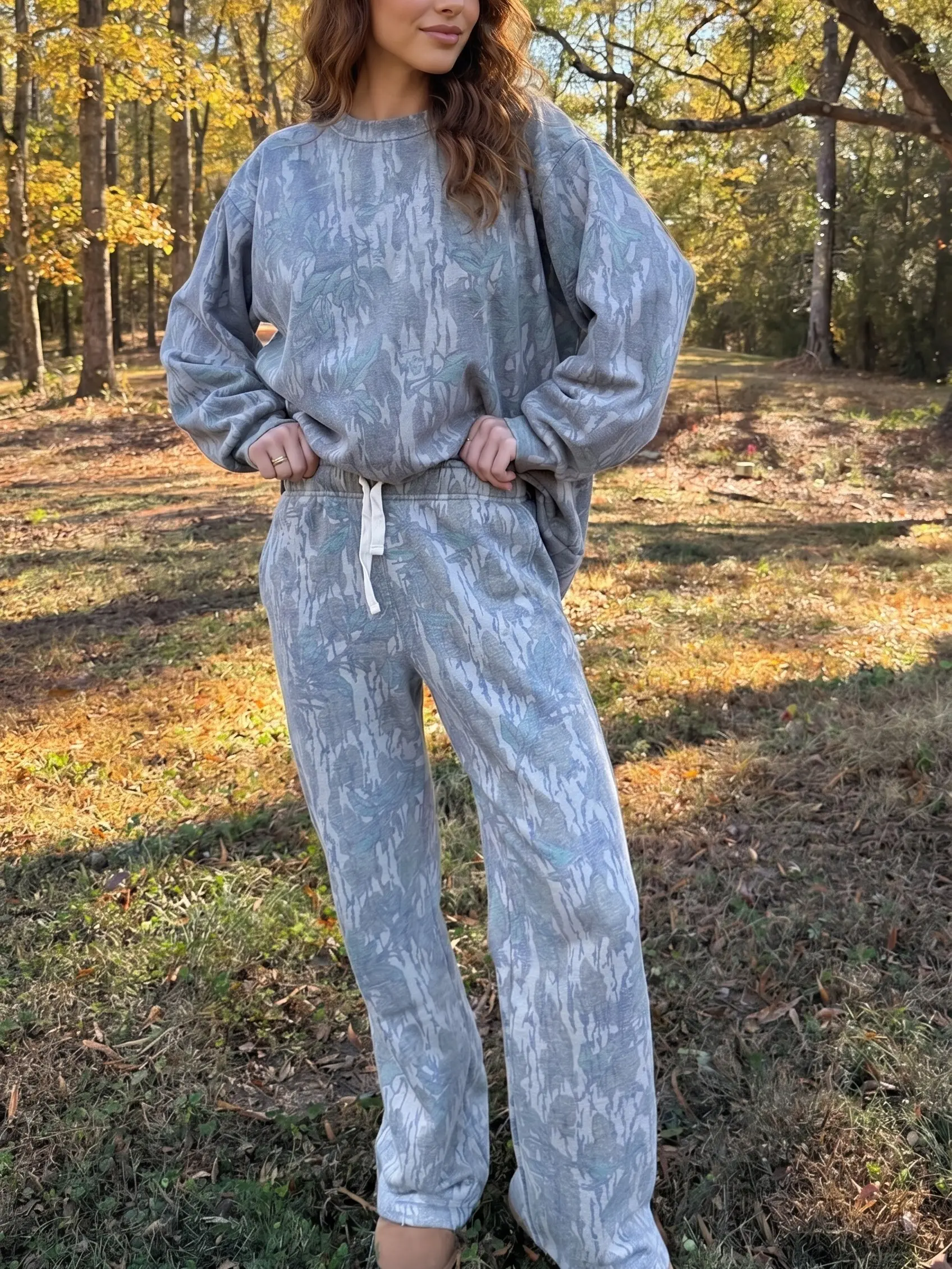 Women Tree Bark Camo 2 Piece Set Oversized Pullover and Sweatpants