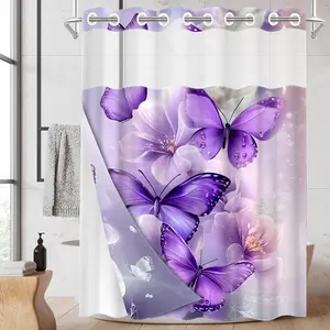 1PC 2D Flat Purple Butterfly Floral Pattern Double-Layer Woven Shower Curtain (No Hooks), Transparent Top Window, Removable Lining with Clips, Modern and Unique Home Bathroom Partition Art Decoration, Bathroom Decor, Holiday Decoration
