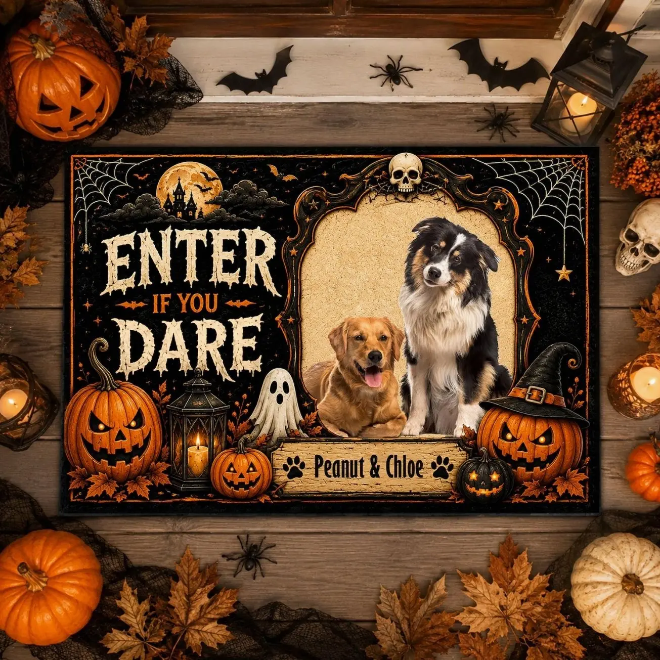 Personalized Halloween Dog Doormat, Custom Pet Welcome Mat, Enter If You Dare Fall Door Mat, Black Cat Pumpkin Porch Decor Gift