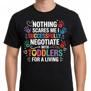 Childcare Teacher Toddler Negotiator T-Shirt, Unisex Daycare Graphic Tee, Sarcastic Preschool Educator Novelty Short Sleeve Apparel for Men and Women, Aesthetic Sassy Fashion Top, Viral Early Childhood Streetwear Shirt