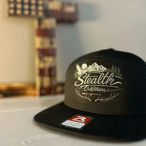 Stealth Outfitters Black Snapback Hat with Embroidered Mountain & Tree Design for Outdoor Enthusiasts