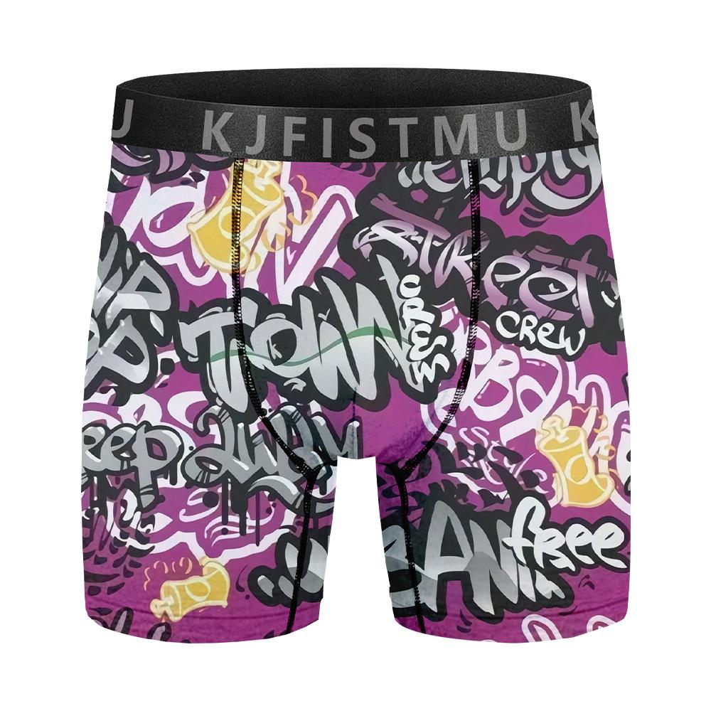 4-piece set of men's long printed boxer briefs, elastic and comfortable casual sports underwear, trendy graffiti-style prints, street style, breathable and thin fabric for sports, fitness, and daily wear Menswear Soft