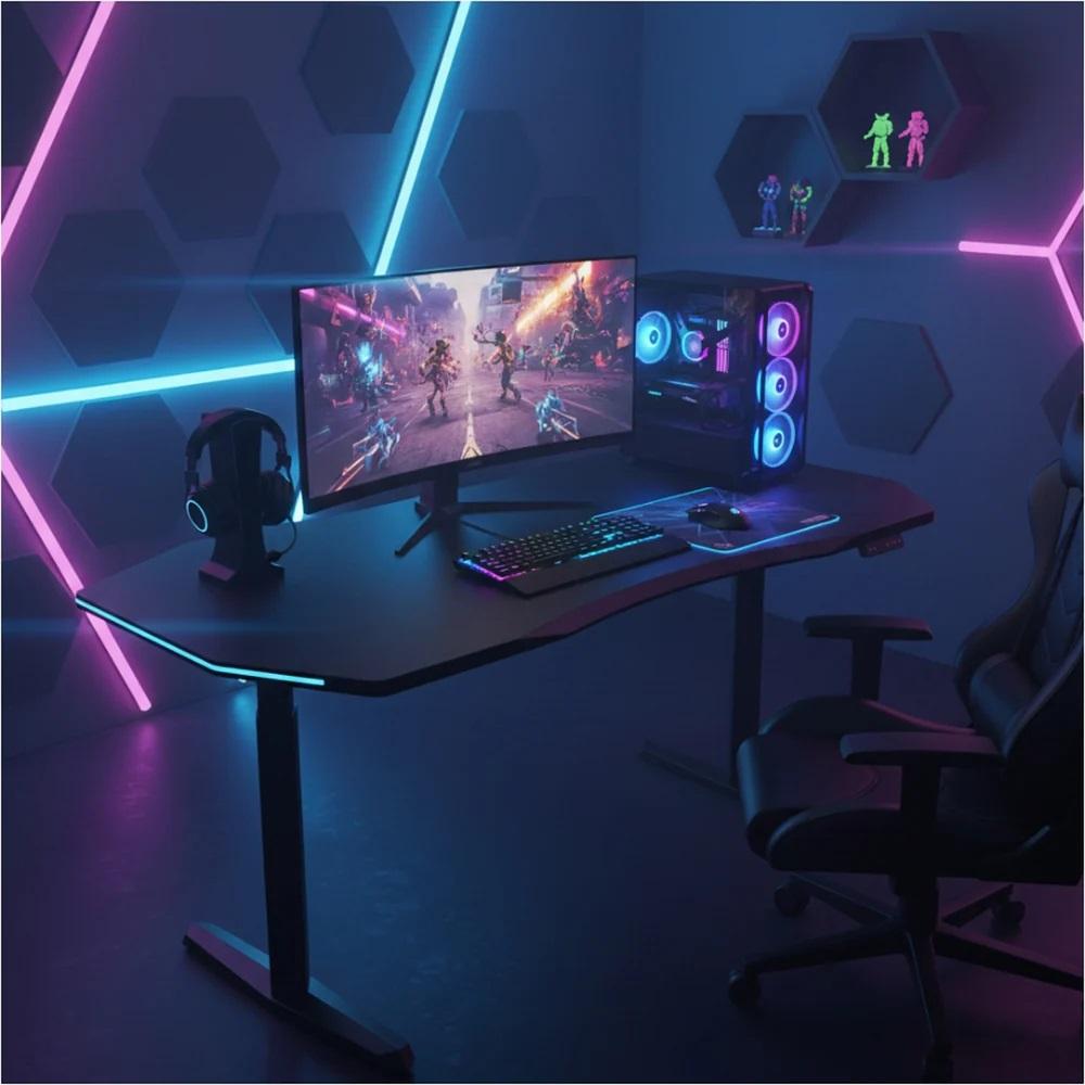 RGB Electric Height Adjustable Standing Gaming Desk, 63"×31.5" Large Ergonomic Curved Desktop, Dual-Motor Lift 27"–46" (≤50 dB), Sturdy 220 kg Steel Frame, for Home Office & Gaming (Ships in 2 Packages)