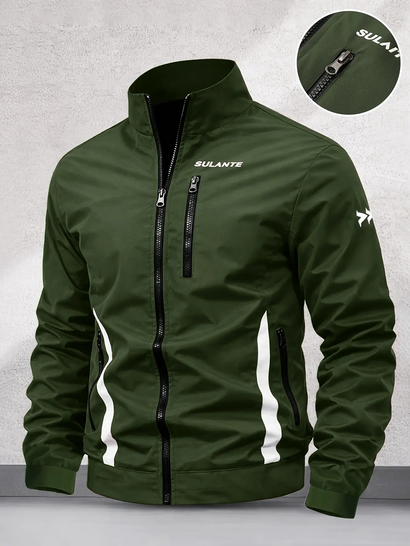 Men’s stand collar lightweight windproof cycling jacket with letter print and zipper closure, multiple zippered safety pockets, side white contrast piping, autumn/winter men’s outdoor motorcycle functional casual top,sohochic