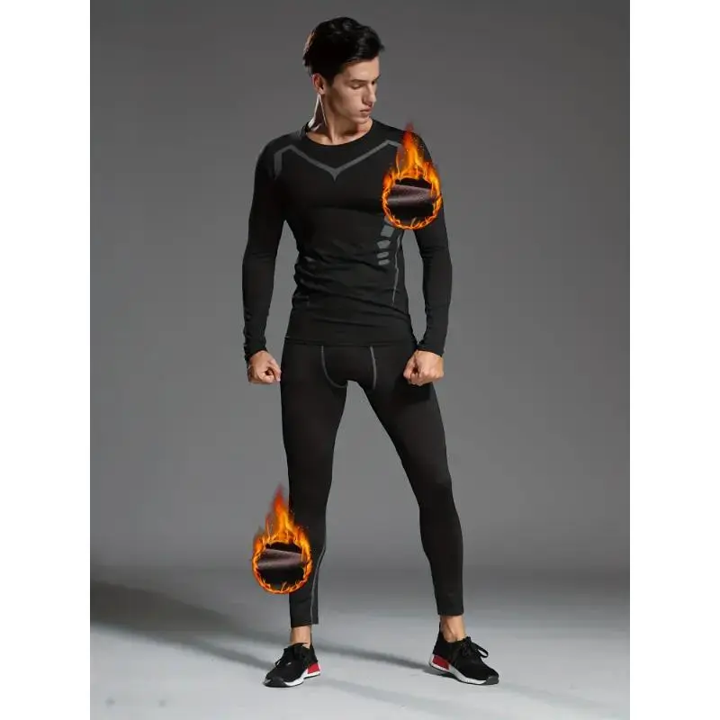 8pcs Set Men's Thermal Underwear with Plush Lining, Moisture-Wicking Long Sleeve Top & Legging Suit for Fall/Winter Sports, Tight-Fit Athletic Base Layer Running, Gym, Cycling, Hiking, Skiing And Casual Wear