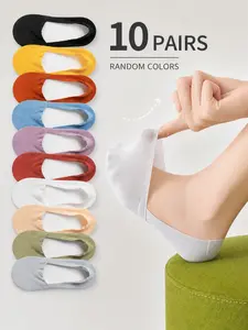 10 Pairs Women's Ankle Socks, Breathable Thin Low-Cut Fit Socks, Random Colors, Anti Slip Invisible Socks, Flat Boat Socks for High Heels, Summer Daily Wear