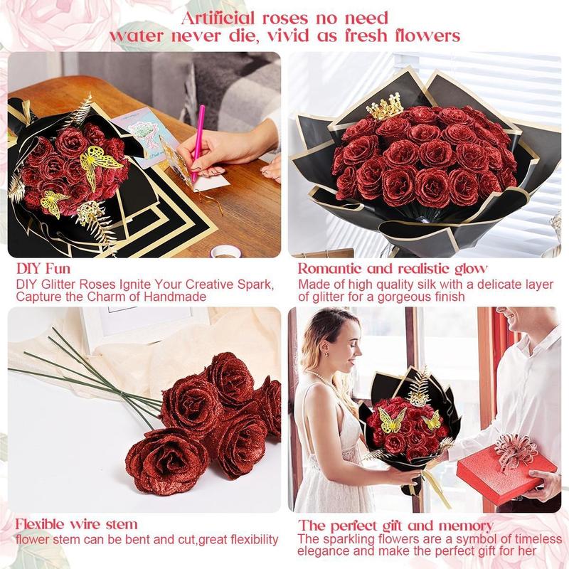 DIY Glitter Roses Bouquet, DIY Fake Glitter Flowers Bouquet, Shiny Artificial Roses Bouquet, Ornaments, Glitter Roses Everlasting Shiny Artificial Red/Pink/Black/Blue/Purple Rose Bouquet, Anniversary, Engagement, Wedding,Gifts for Women, 11/24/36 Roses
