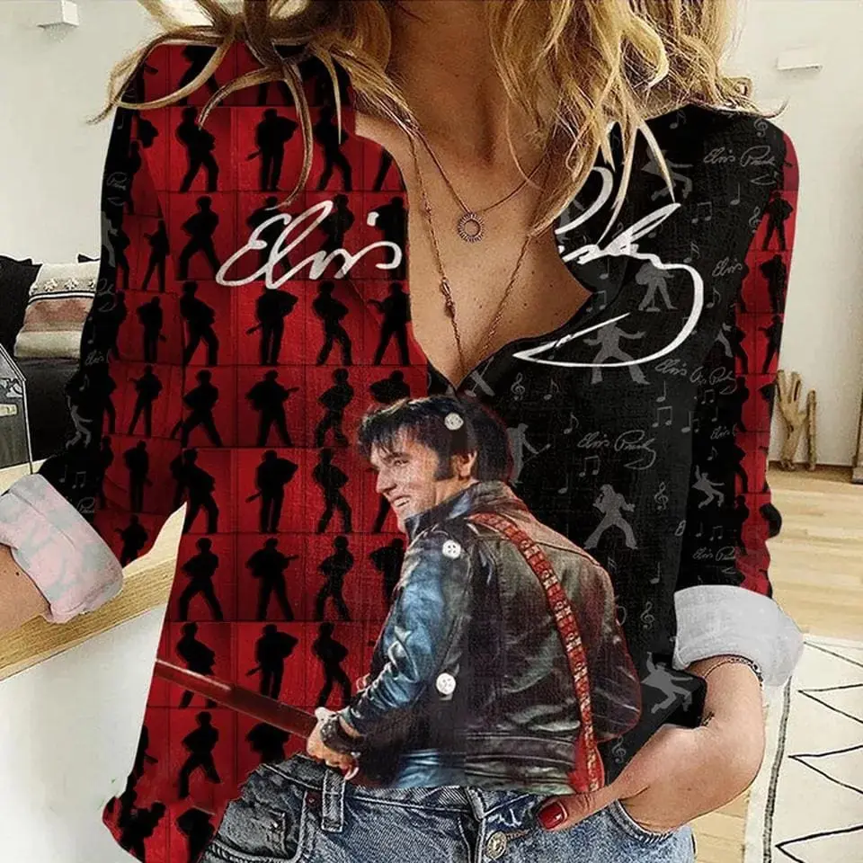 Retro Elvis Presley Red Black Blouse, 68 Comeback Slub Linen Look Shirt, Vintage Musician Lover Concert Gift Top