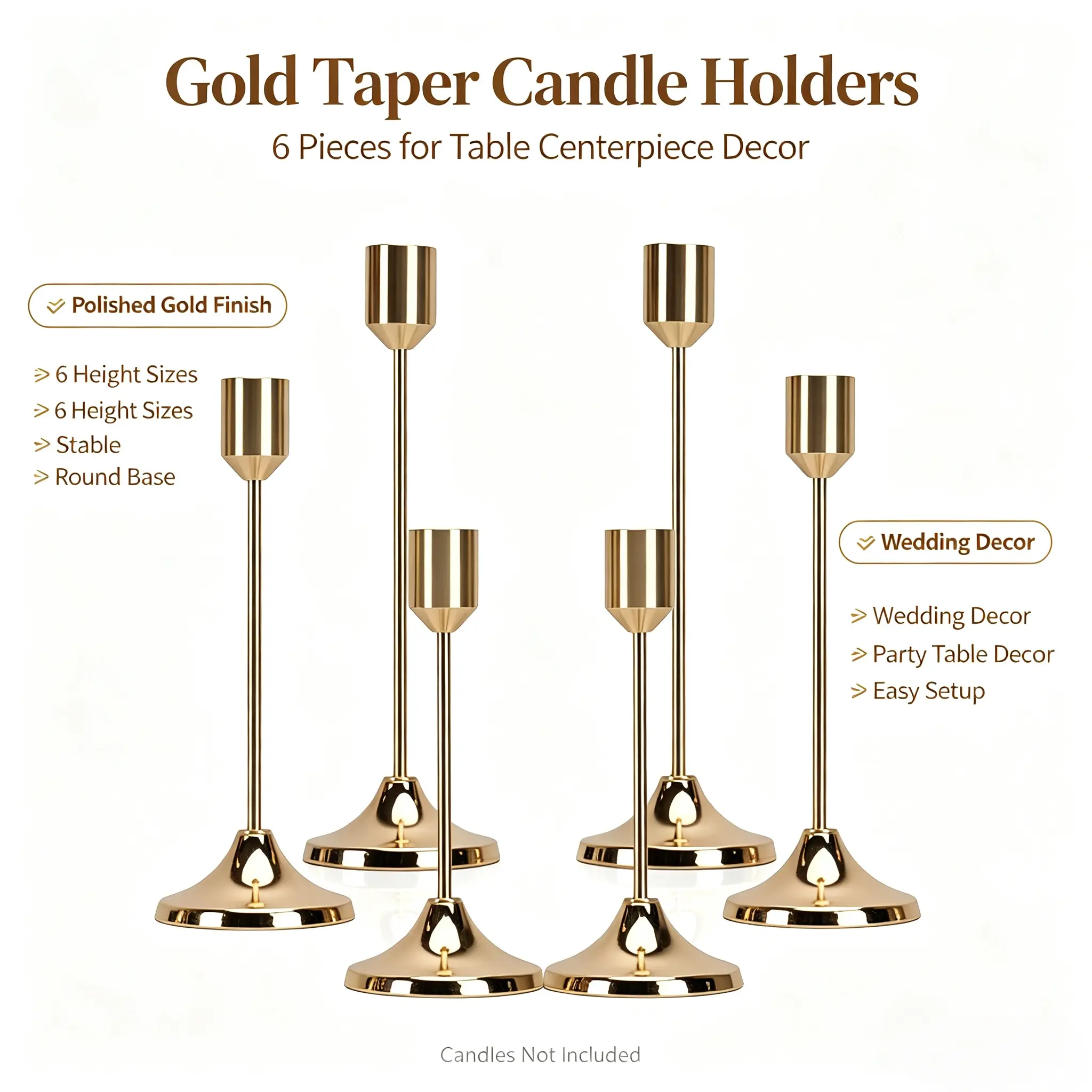 6pc Luxury Gold Cone Metal Candle Holders - Electroplated Minimalist Decorative Candle Stands, Gold Tabletop Candlestick Holders, Indoor Events Home Decor, Ideal Key Occasion Gift, Decorative Candlestick Holders