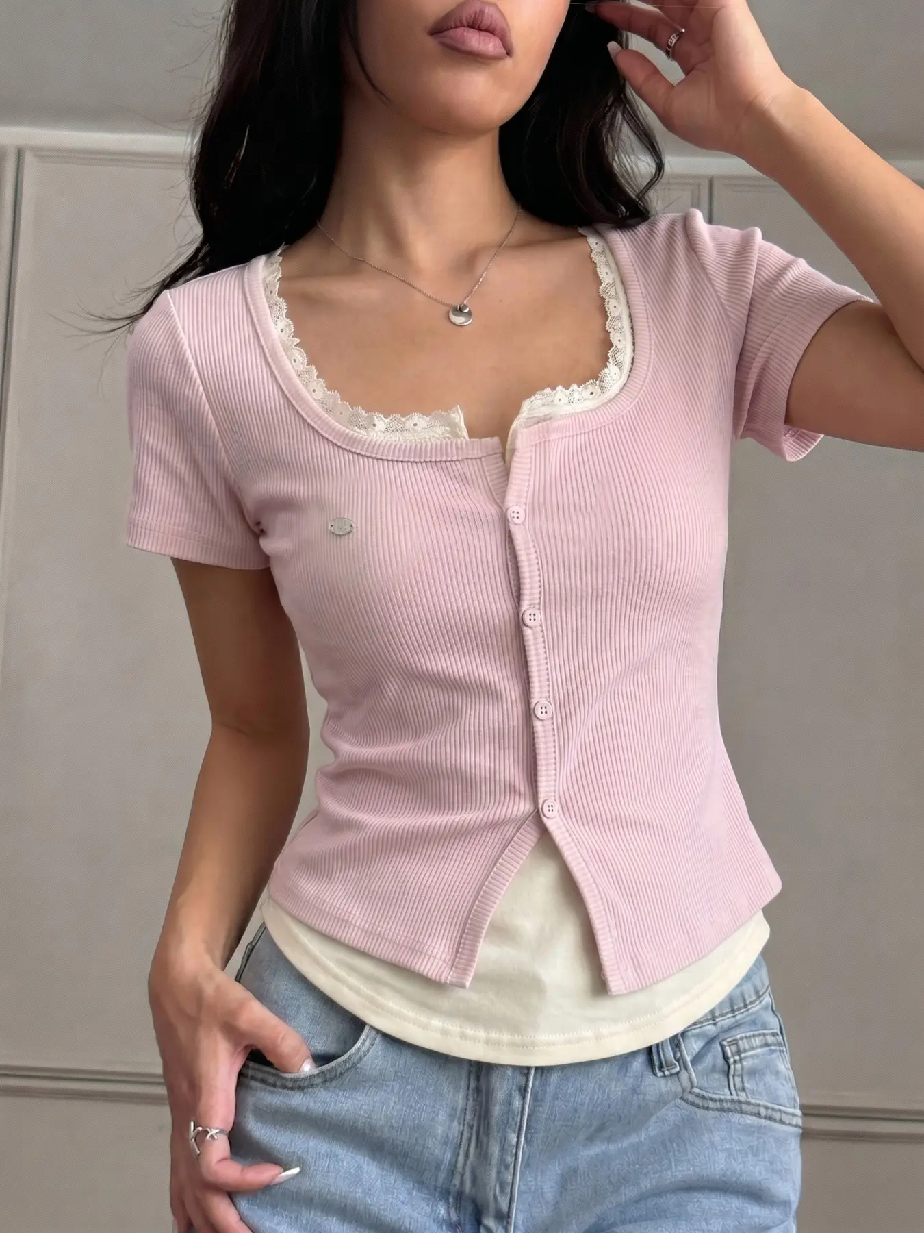 Faux Two-Piece Lace Trim Ribbed Knit Top, Button Front Slimming Fit Short Sleeve T-Shirt for Women, Casual Chic Coquette Aesthetic, Body Hugging Tops, Casual Daily Tops