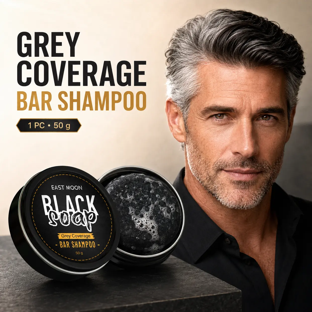 Black Soap Bar Shampoo for Gray Hair Coverage, 50g Solid Hair Cleansing Bar for Darker-Looking, Well-Groomed Hair, Easy Lather Hair Care for Women and Men