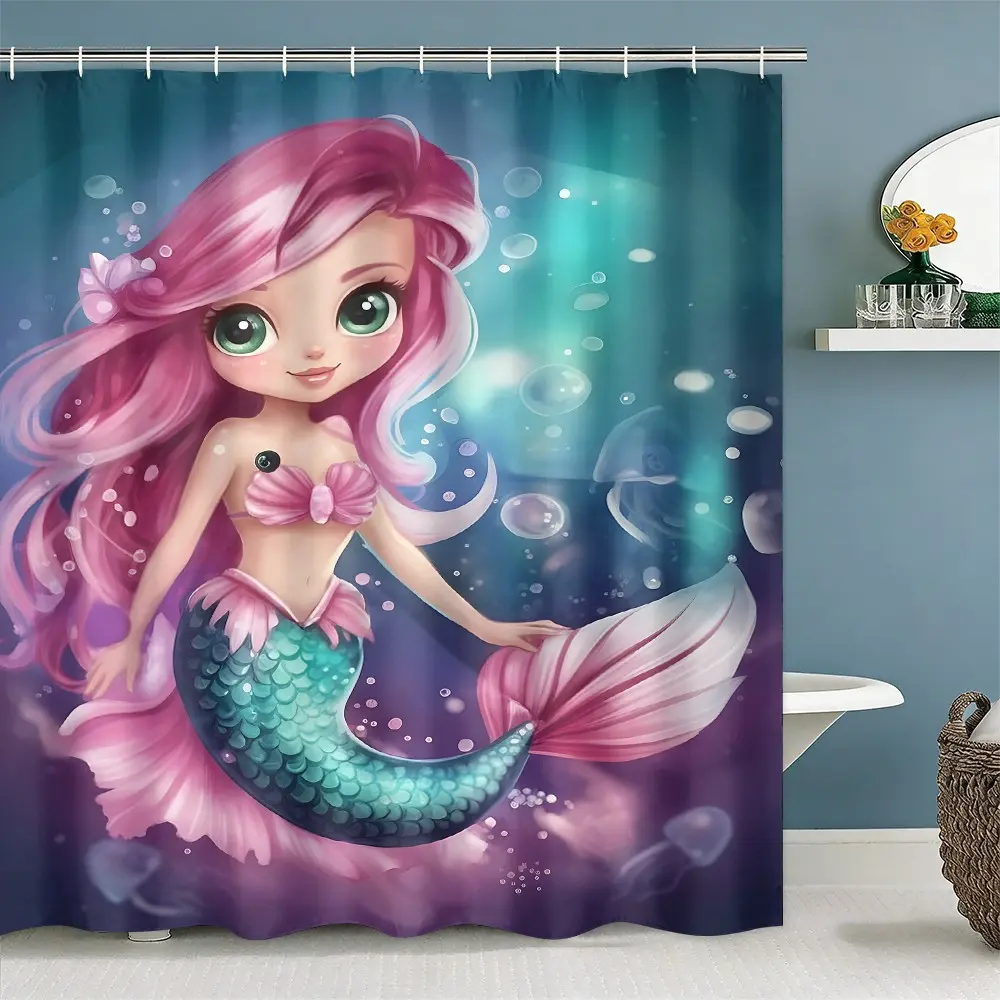 Cartoon Mermaid Print Cute Printed Shower Curtain Set, Boho Style, Includes U-Type Bath Mat, Toilet Lid, Hooks, Halloween Christmas Thanksgiving Theme