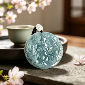 Natural Jadeite Blue Water Dragon And Phoenix Pattern Pendant  Dragon And Phoenix Couple Pendant Men's And Women's Necklace