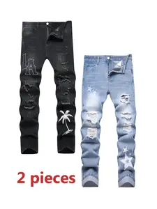 Men's 2 Pack Casual Jeans, Black & Blue Fashion Ripped Slim Fit Straight Denim Pants, Street Style Comfy Breathable Trouser