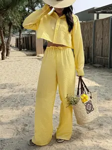 Women's Gingham Button-Front Blouse & High-Waist Pants Set, Casual Long-Sleeve Fitted Design, Perfect for Vacation Style, Womenswear