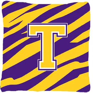 Carolines Treasures  Monogram - Tiger Stripe - Purple Gold Decorative Fabric Pillow - 14 x 14 in.- Initial T