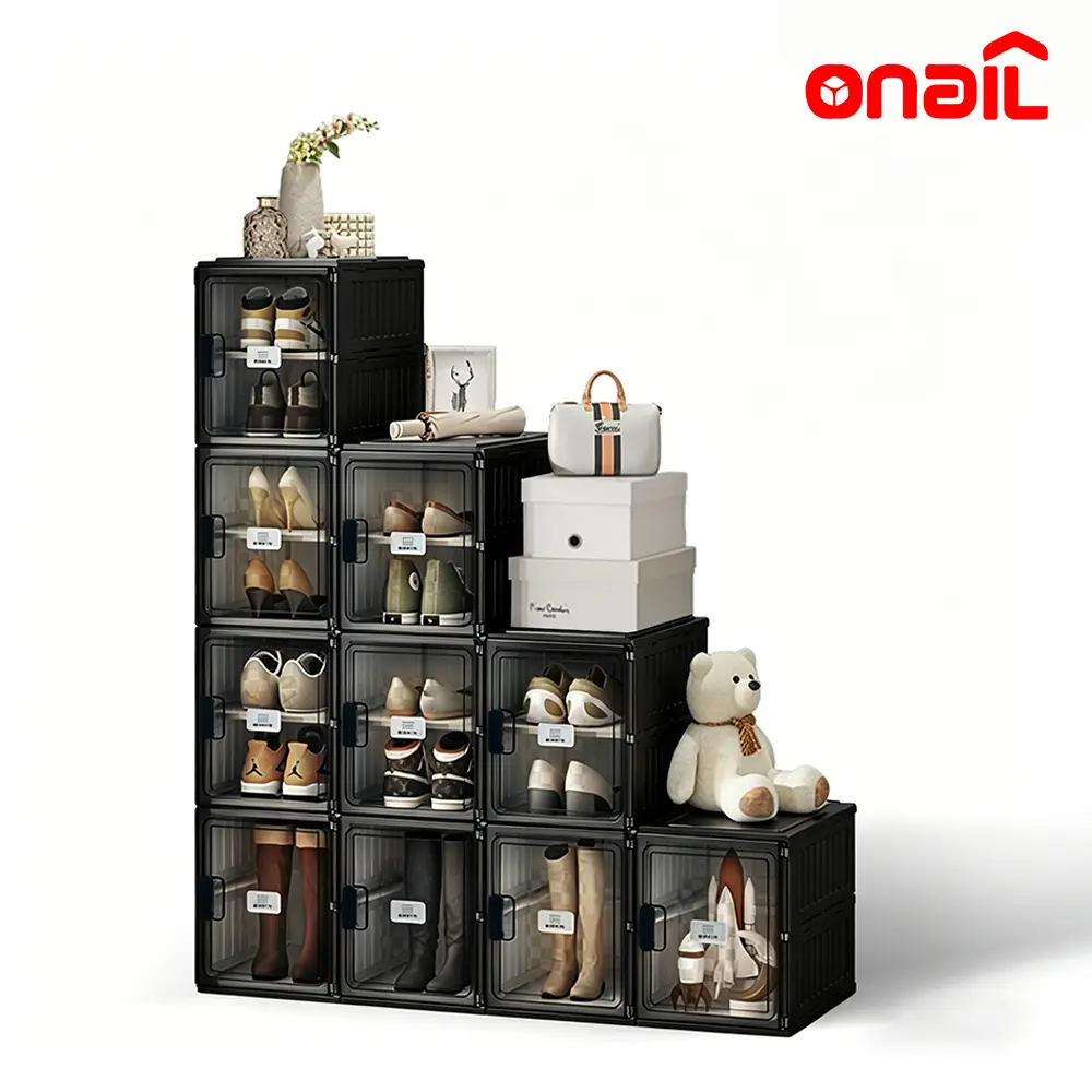 ONAIL Foldable Shoe Organizer Storage Box with Magnetic Clear Door Sturdy Easy Assembly Large Sneaker Cabinet Bins Foldable Design Acrylic Display Case Racks White