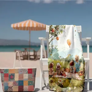 1 piece Countryside autumn picnic and warm moments with hot air balloons themed beach towel - Modern-style all-season flannel blanket, suitable for sofas and beds, super soft and comfortable, digitally printed pattern, 100% polyester material