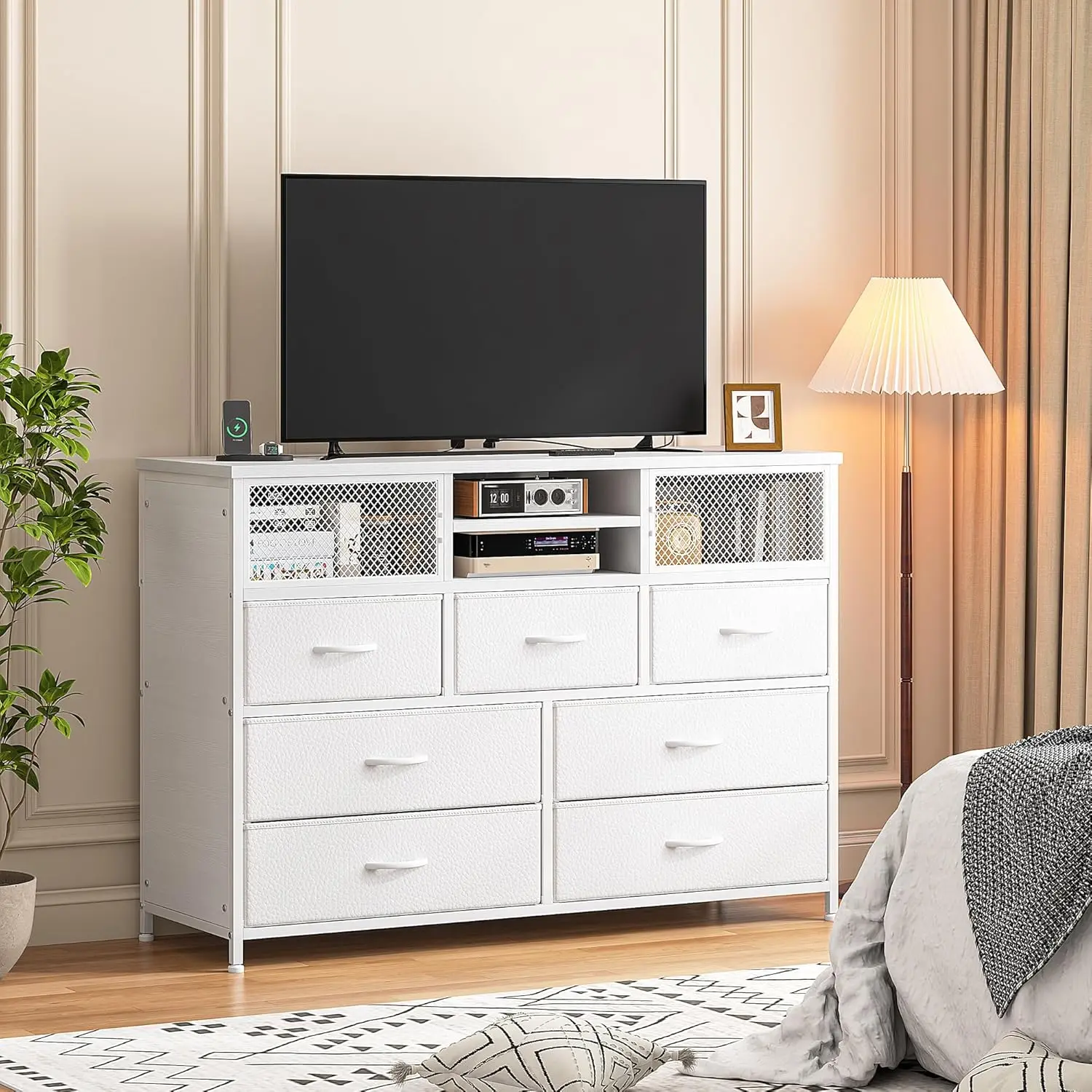 RaybeeFurniture 7 Drawer Dresser, TV Stand with Power Outlet, Entertainment Center with Storage for Living Room and Bedroom, Metal Door Console Table