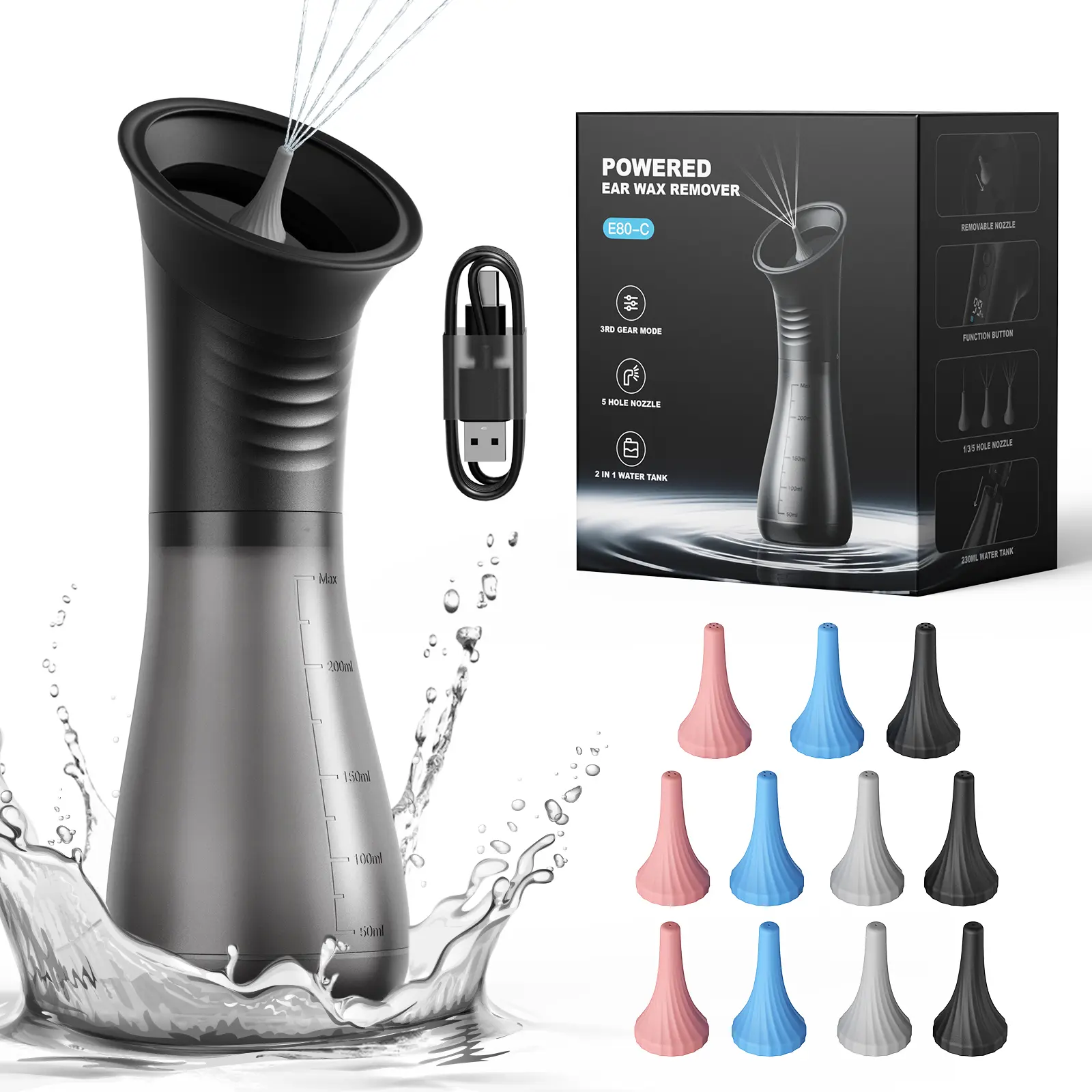 2026 TikTokShopBlackFriday E80 Upgraded 2-in-1 Ear Wax Removal Kit with 400Ml Integrated Waste Tank Rechargeable Water Spray 4 Pressure Settings Safe Effective Ear Canal Irrigation System