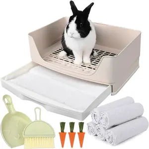 Corner Rabbit Litter Box Bunny Potty Training Pan with Drawer Comes with Liners Pee Pads, Small Animal Toilet for Adult Guinea Pig, Ferret, Hamster, Bunnies