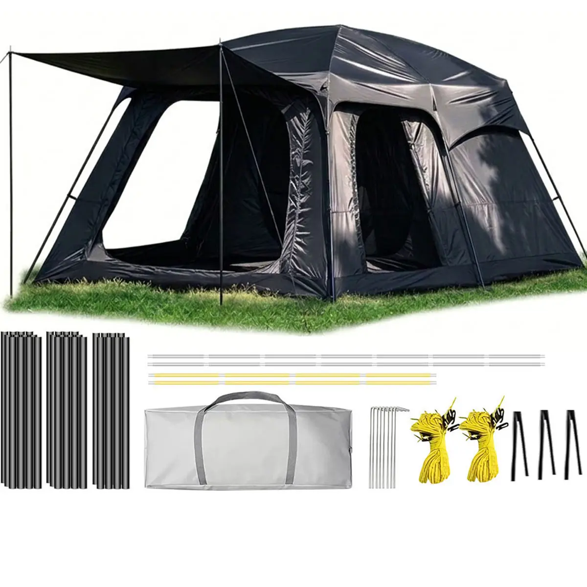Extra Large Outdoor Camping Tent 8-12 Person All-Season 2 Private Rooms & 3 Doors Waterproof Windproof Oxford Shell Straight Wall Quick Setup 6 Mesh Windows Camping Essentials for Friends Gatherings Halloween Camping Black Friday Gift
