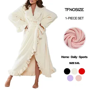 TFNOSIZE Fall & Winter Fitted Flannel Long Sleeved Robe with Ruffle Hem Fursuit, Cozy Warmth and Elegant Style, Thick and Soft Layered Bathrobe Elegance Feminine
