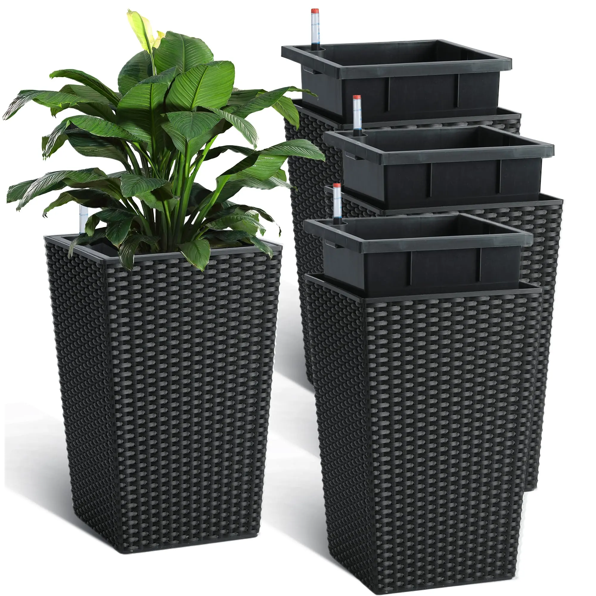 Garvee 16 in Tall Modern Plant Pot Set of 4, Self-Watering Rattan Planters with Level Monitor & Reservoir, Mobility-Friendly for Home Office & Patio, Home Improvement Garden Supplies