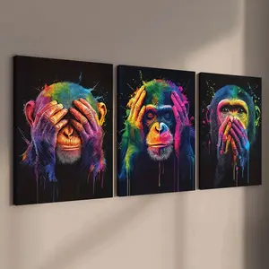 3-Pack Wood Frame Canvas Posters, Street Style Three Monkeys Theme, Modern Art Home Decor, Waterproof, Ideal for Living Room, Bedroom, Hallway