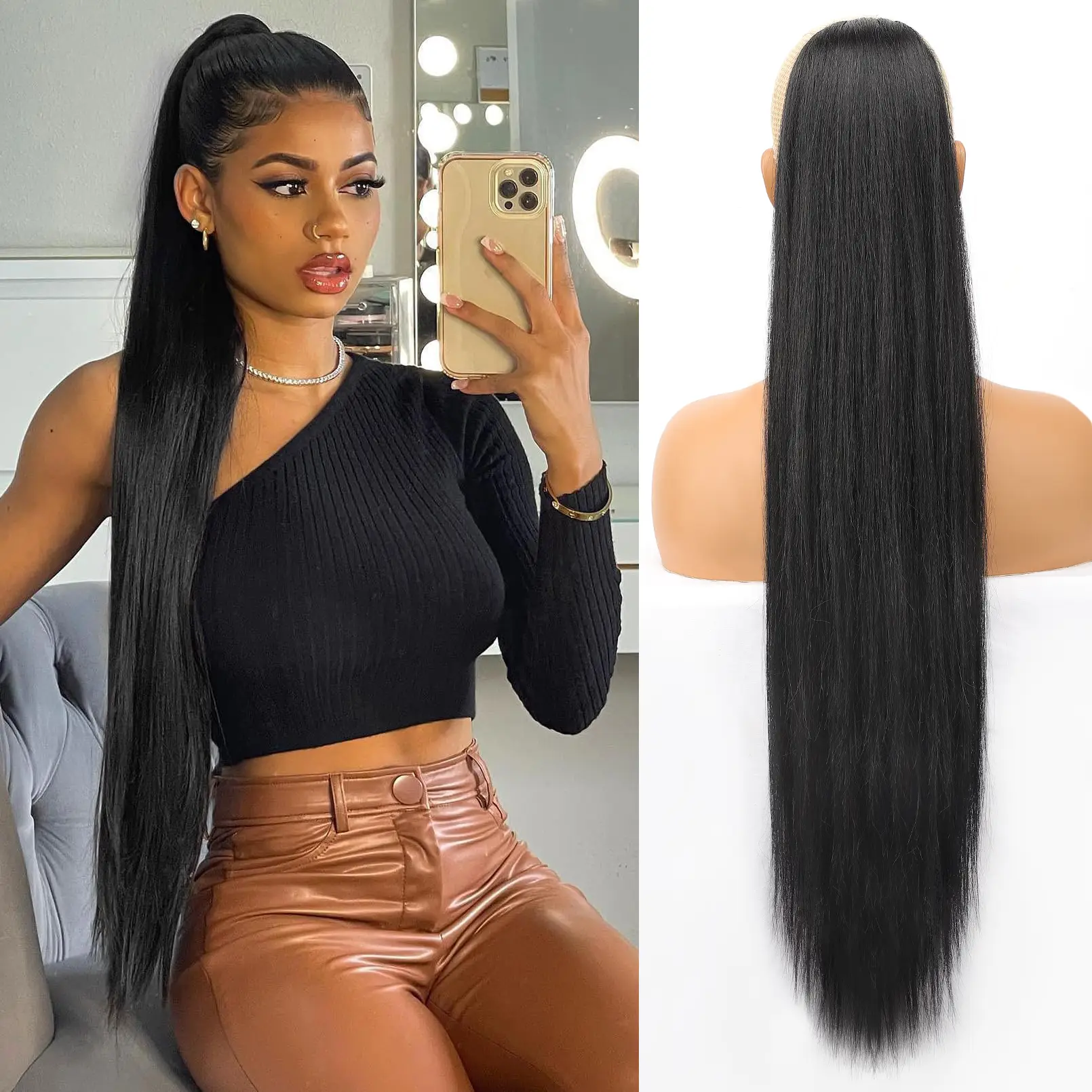 ORSUNCER Ponytail Extensions Drawstring Long Straight Fake Pony Tail Natural Soft Clip in Hair Extension Synthetic Heat Resistant Hairpiece 32 Inch Bl