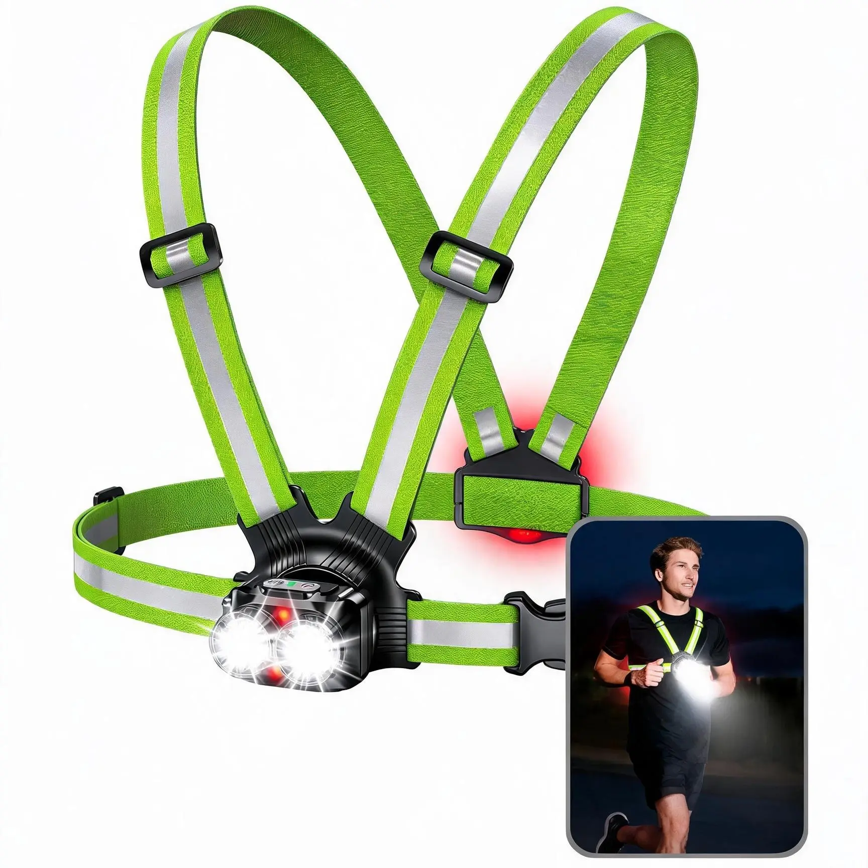 LED Running Chest Light, Luminous, USB Port Charging Front-Rear Lights, IPX5 Waterproof with Adjustable Reflective Straps & Secure Dual-Shoulder Support, for Interior And Outdoor Activities, Jogging Hiking, Dogwalk.