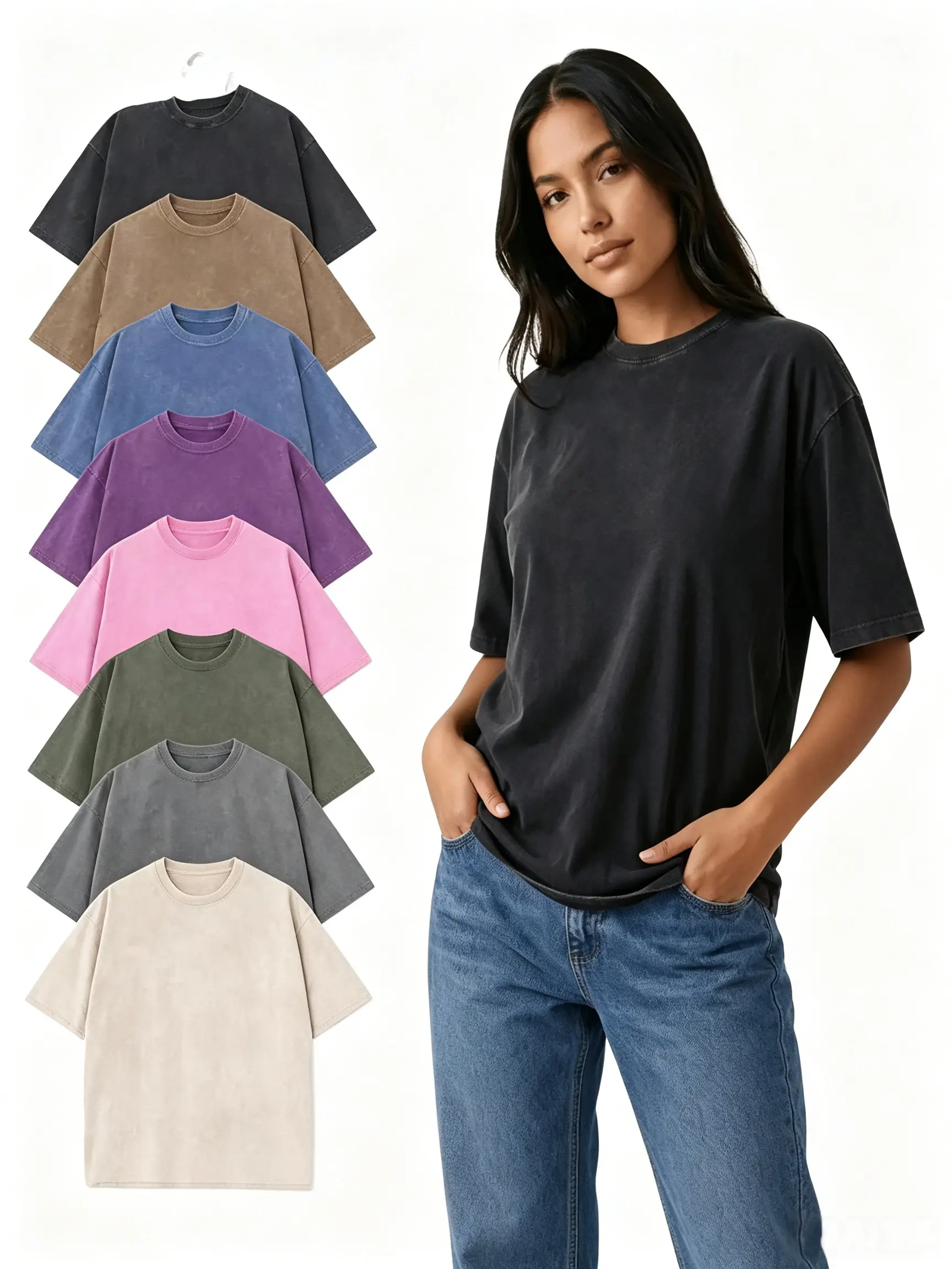 Men's Cotton-Polyester T-Shirts - Unisex Round Neck Half-Short Sleeves, Plain Oversized Loose Acid Washed Casual Streetwear Tops, Mens Tshirt, Men's T Shirts, All Seasons, Loose-Fitting, Oeko-Tex Certified, Unisex T-Shirts