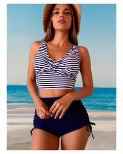 Women's Bikini Set Navy Blue & White Stripe, Criss Cross Halter Top, High Waist Boy Shorts, Classic Two Piece Swimsuit for Beach, Pool, Vacation - Size Medium