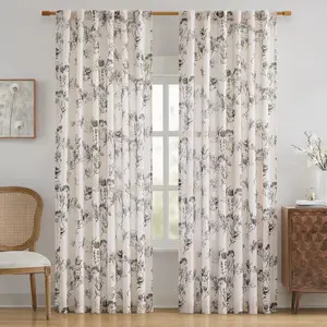 Floral Linen Curtains, Brown Vanilla Printed  Drapes, Farmhouse  Light Filtering  Semi Sheer Window Curtains for Living Room Bedroom, 2 Panels, 52x84 Inches