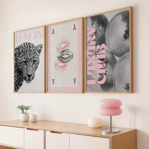 Modern Luxury Wall Art Set, Leopard Print Lip Prints & Disco Ball Fashion Canvas Material Poster, Unframed, Bedroom or Living Room Decor
