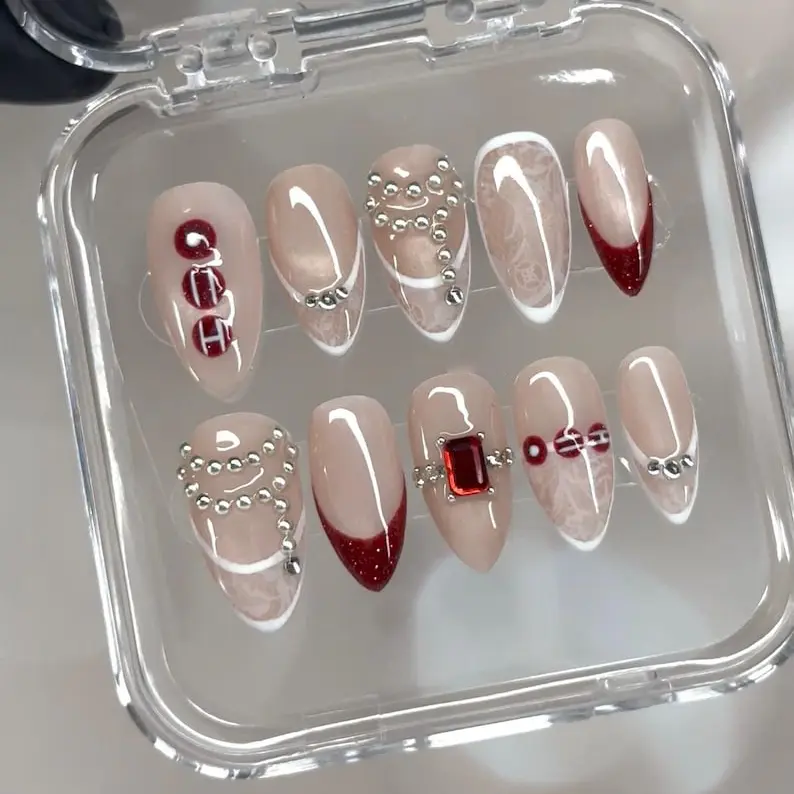 A71 Ruby Coquette Arirang Inspired Press-On Nails, K-pop Nude French Design, Burgundy Glitter Tips, Crystal Chain and Gem Accent, Elegant Idol Stage Style, Gift for Her