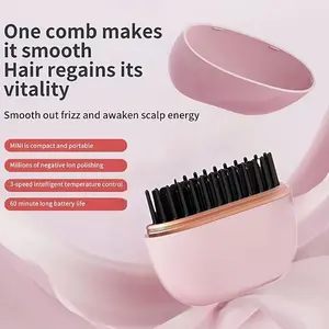 Mini Hair Straightener, Go Brush Pro, Tiny Cordless Rechargeable Portable Straightening Comb, Anti Scald Shell, 3-Speed Temperature Control, Lightweight and Portable for Travel (Pink)