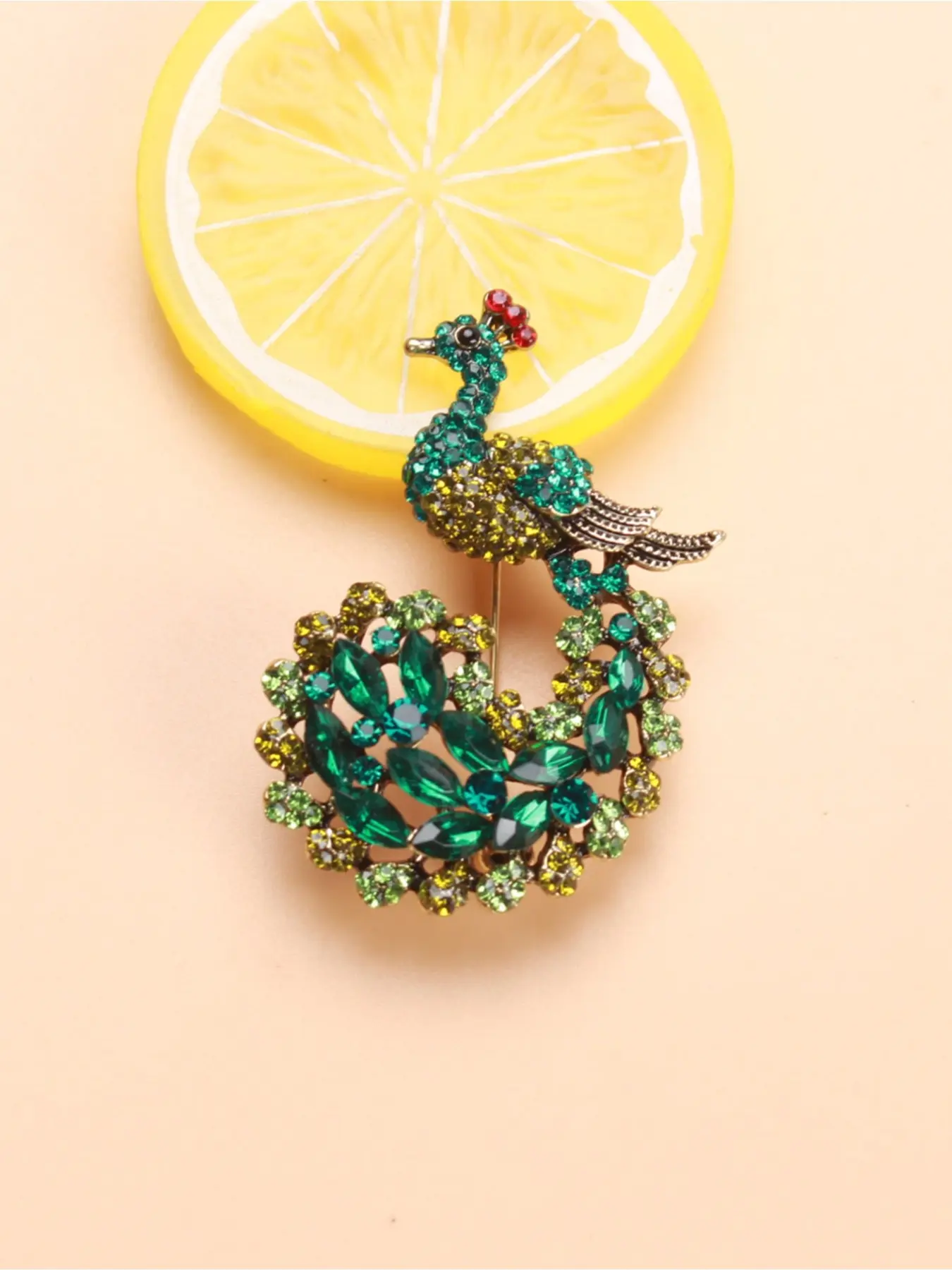 1pcs Full Rhinestone Green Peacock Brooch With Crystals