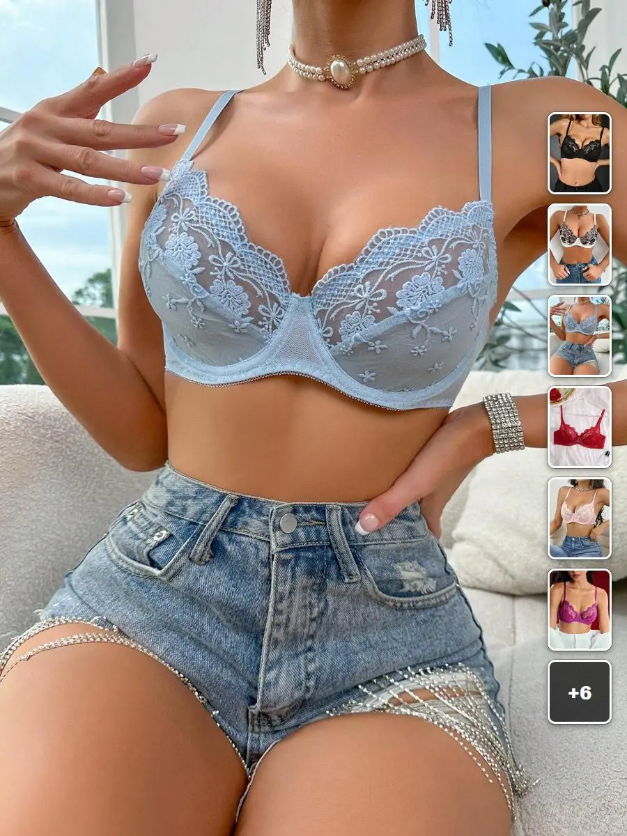 MEAUS Lace Lingerie Set Embroidery Push Up Wireless Bra Date Night Romantic