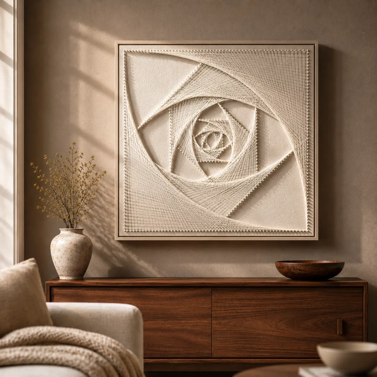 31.5x31.5" Modern Minimalist Cream Geometric 3D String Wall Art - Pine Wood Home Decor Print, Decoration for Indoor Walls, Bedroom, Women’s Gifts, Modern Minimalist Design, Supports Charity