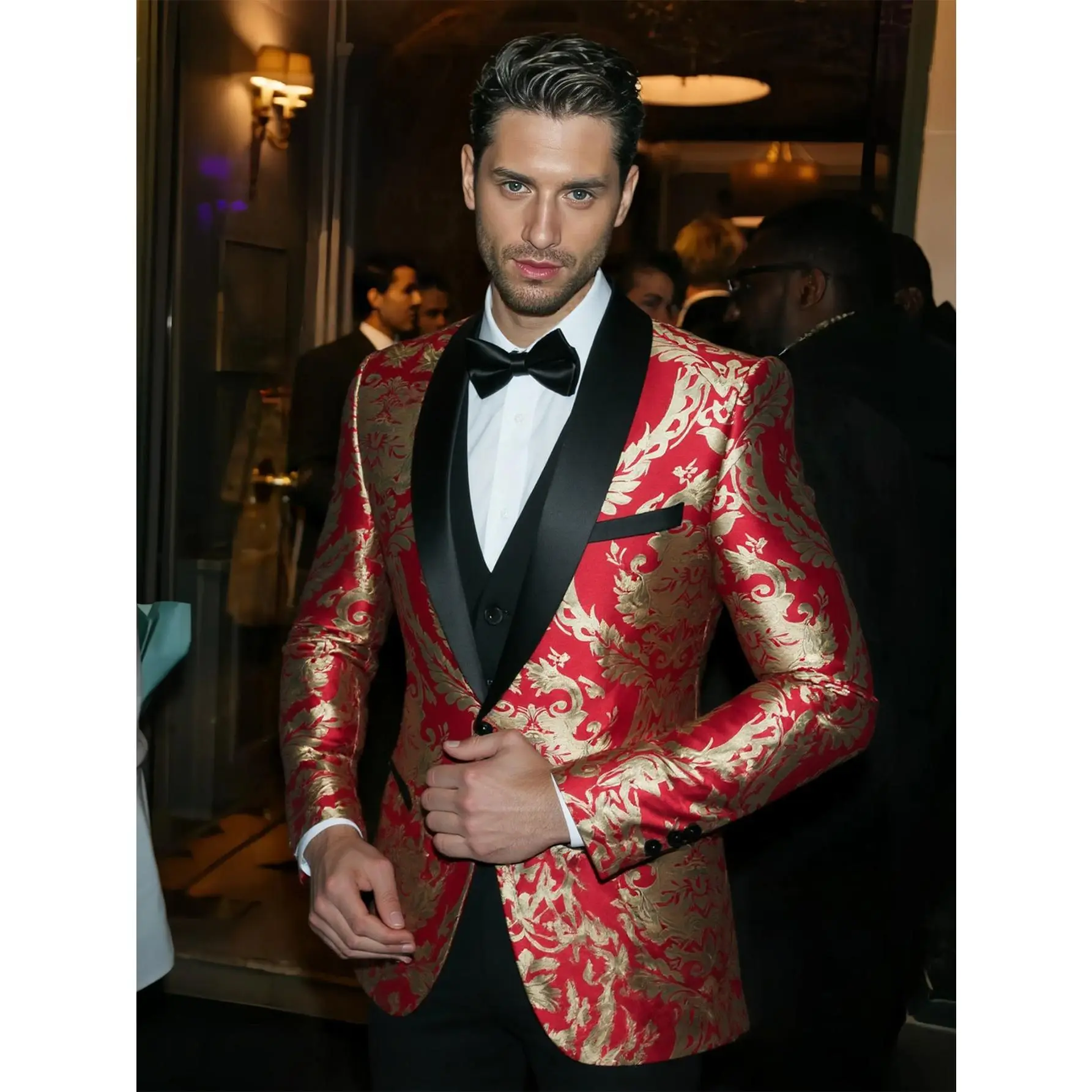 Men's 3-Piece Formal Suit Set, Slim Fit Paisley Sparkle Fashion Blazer, Vest, and Pants, Polyester Rayon Menswear for Wedding & Clubwear, Formal Wear, Pocket, Long Sleeve, V-Neck, Straight Pants, Slim Fit Suits, Fabric, Fake Drawstring, Korean, One Button