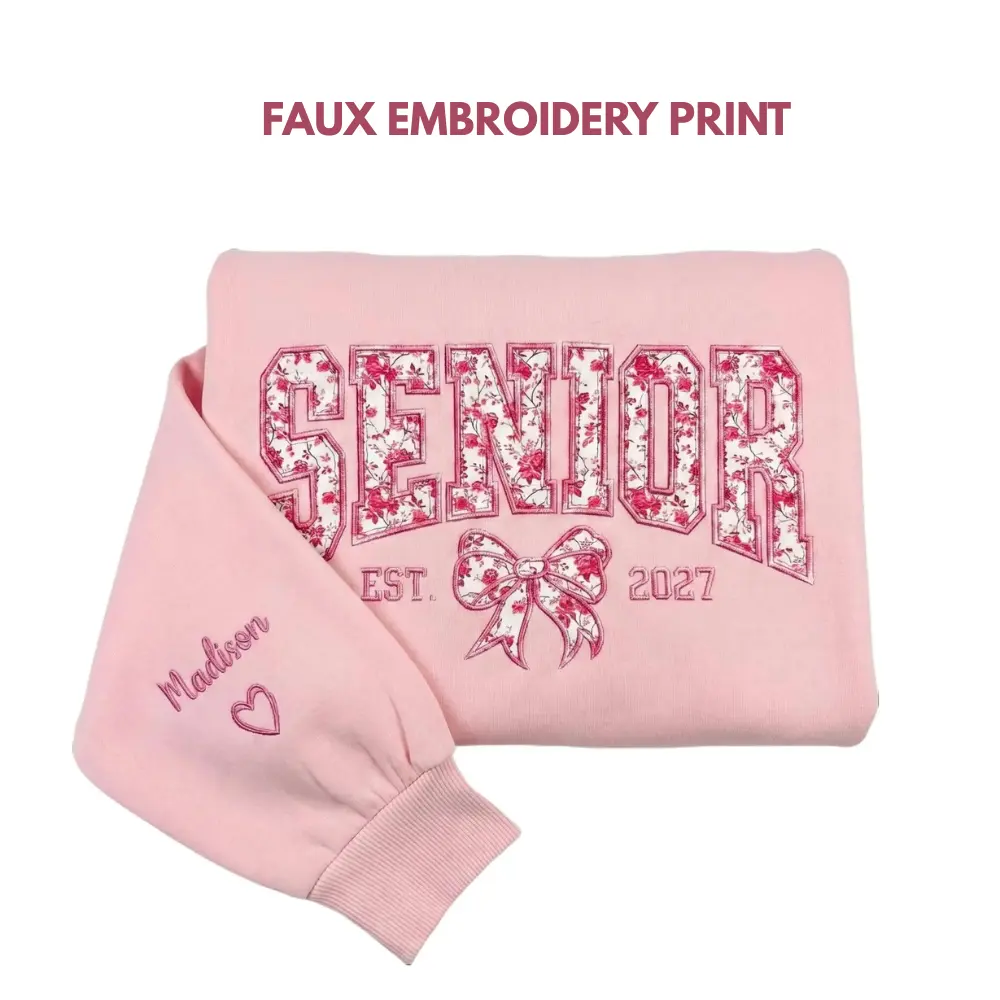 [Ship From US] FAUX EMBROIDERY PRINT Senior 2027 Custom Name Shirt, Pink Rose Floral Bow Graduation Shirt