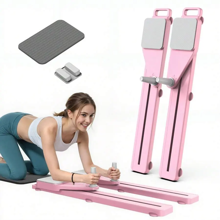 Pink Multifunctional Pilates Board with Iron Frame, Portable Core & Abs Roller with 15 lb Resistance Bands, Anti-Slip Balance Board for Home Gym Use, Anti-Slip Base, Unisex, Compact, Adjustable Setup, Detachable Parts, Builds Strength