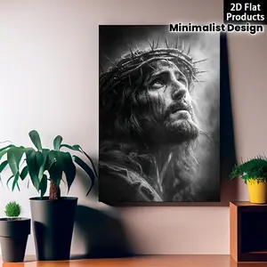 1pc Framed Jesus Wearing Crown of Thorns Wall Art - Minimalist Black and White Religious Photo, Canvas Print Suitable for Christmas Decor, Gifts, for Home, Church, Chapel, Prayer Room - Wood Frame Iconic Jesus Image, 2D Flat, Perfect for Room Decor